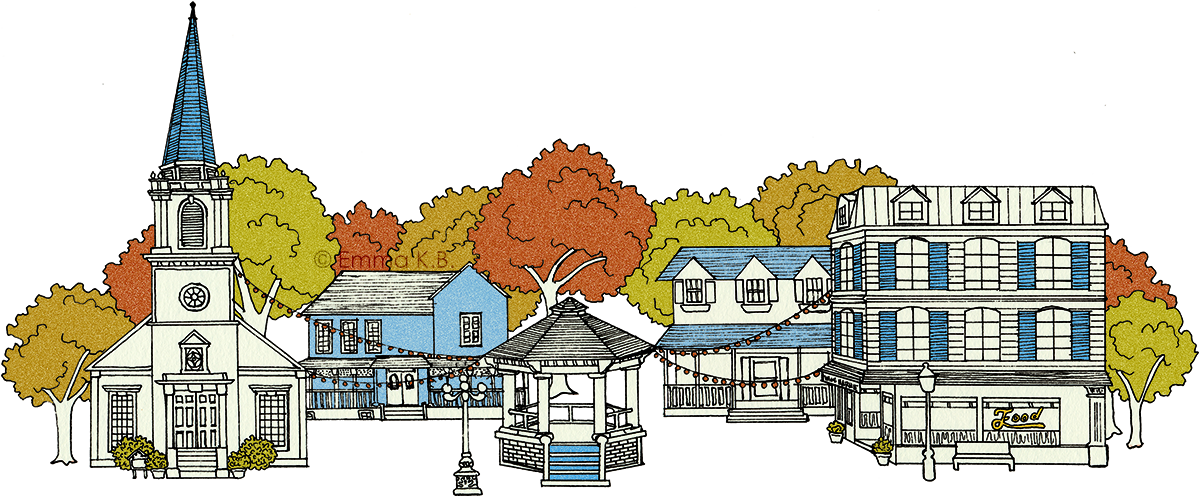 Stars Hollow illustration featuring church, gazebo, Luke's, Gilmore house, Dragonfly Inn. Autumn trees in background.