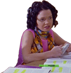 Madeline wears a pink sleeveless top and orange patterned scarf in front of a table spread with highlighted pages.