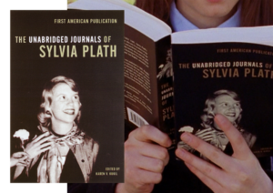 Rory holds a book open in front of her. Inset image shows book cover with a sepia-toned photo of a smiling Sylvia Plath.