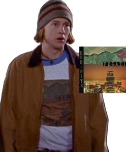 A boy with medium-length blond hair wears a jacket, beanie, and band t-shirt. Inset image shows End Hits album cover.
